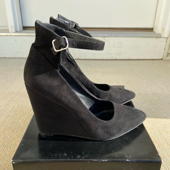 black suede wedge pumps